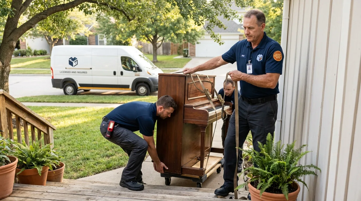 Licensed piano movers securing grand piano in Remington, IN