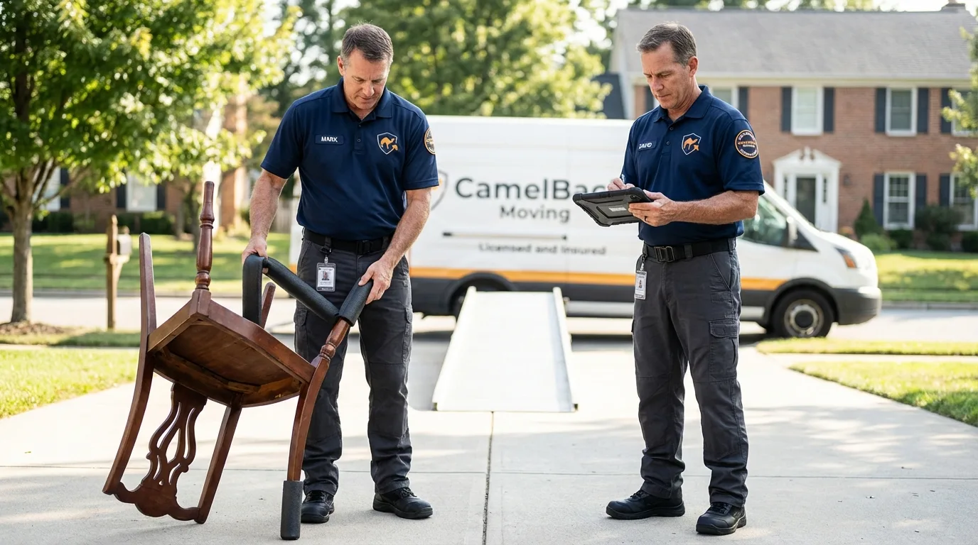 Movers inspecting furniture for damage prevention before loading in Remington, IN