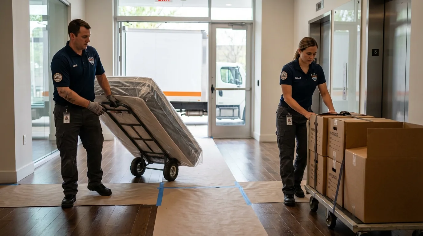 Professional apartment movers loading elevator in Remington, IN