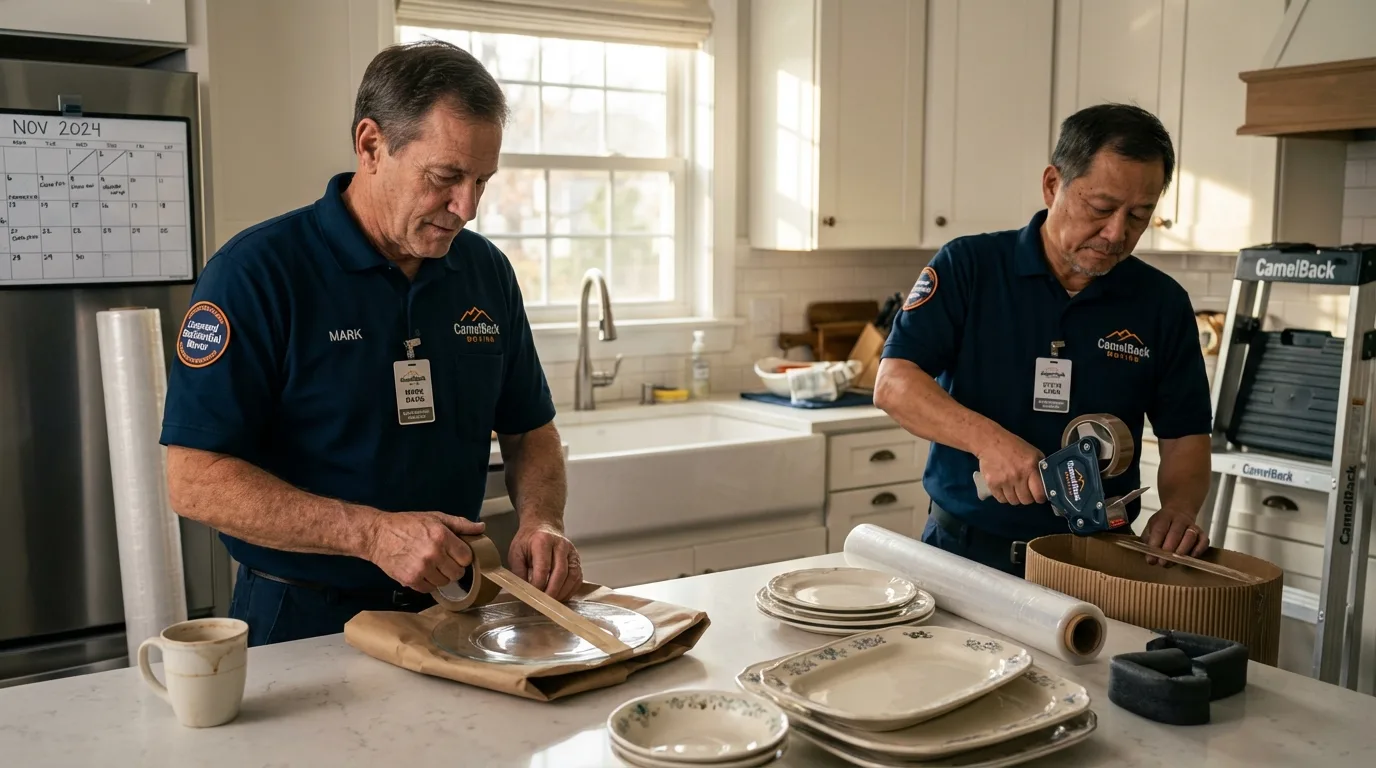 Professional crew packing kitchen dishware in Remington, IN